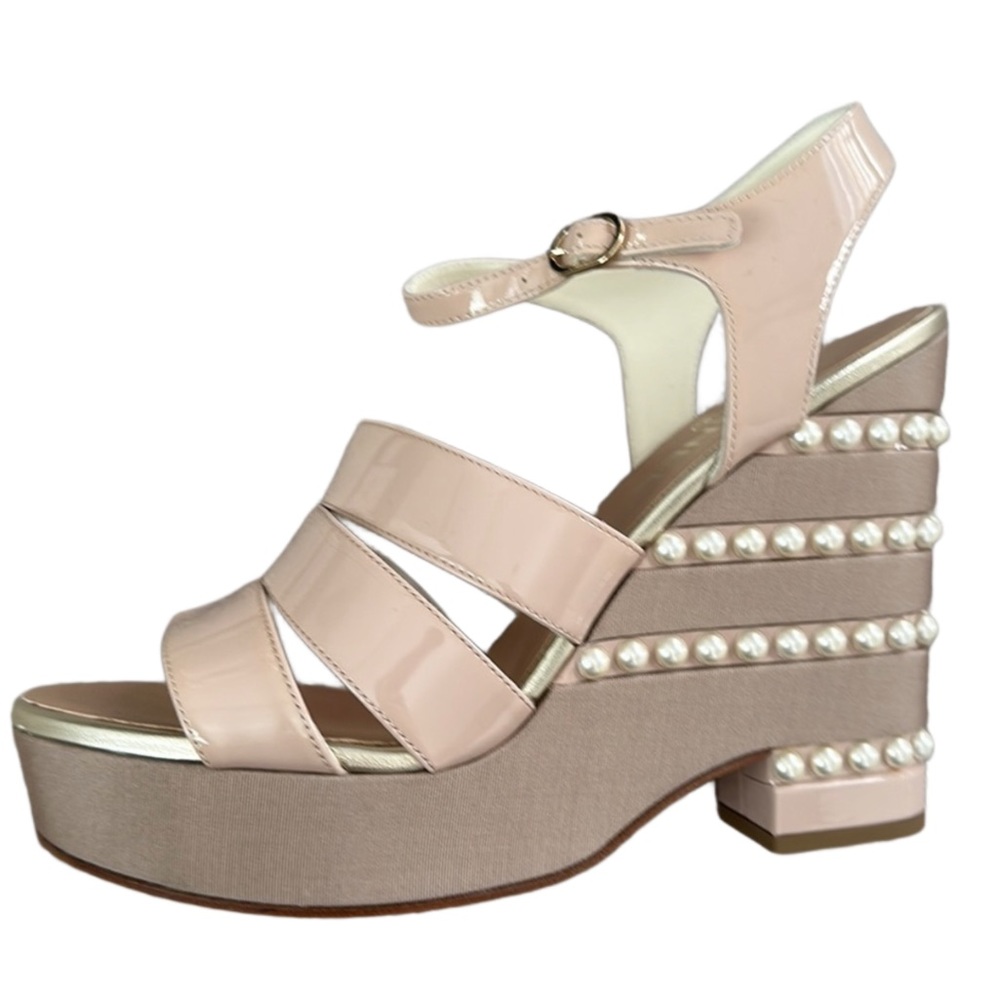 CHANEL Pearl Platform Wedge Sandals Nude Beige-Pink EU size 42 RARE 19P - Picture 5 of 10